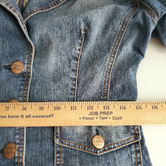 Y2K XOXO Women Denim Floral Embroidered Jacket Blazer S M Boho Phoebe Artsy - Picture 7 of 13